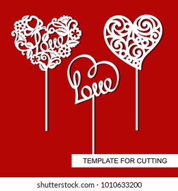 Set of toppers.  Hearts. Decoration for Valentine's Day. Template for laser cutting, wood carving, paper cut and printing.