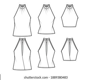 Conjunto de Tops bandeó la ilustración técnica del tanque de halter de cuello alto con envoltura, delgado, sobredimensionado, cultivo, longitud de la túnica. Plantilla de ropa de vestir plana delantera, trasera, color blanco. Hombres mujeres CAD mofa