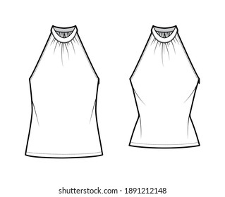 Set of Tops banded high neck halter tank technical fashion illustration with wrap, slim, oversized fit, tunic length. Flat apparel outwear template front, white color. Women men CAD mockup