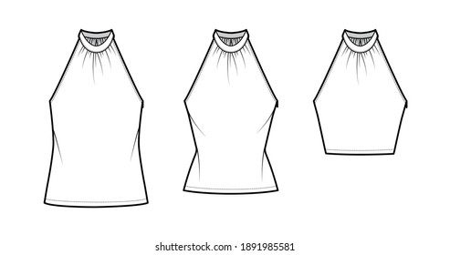 Set of Tops banded high neck halter tank technical fashion illustration with wrap, slim, oversized fit, crop, tunic length. Flat apparel outwear template front, white color. Women men CAD mockup