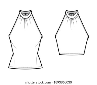 Set of Tops banded high neck halter tank technical fashion illustration with wrap, slim fit, crop, tunic length. Flat apparel outwear template front, white color. Women men CAD mockup