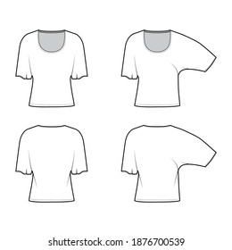 Set of Tops with elbow batwing sleeves technical fashion illustration with relax fit, under waist length, round neckline. Flat blouse template front back white color. Women men unisex shirt CAD mockup