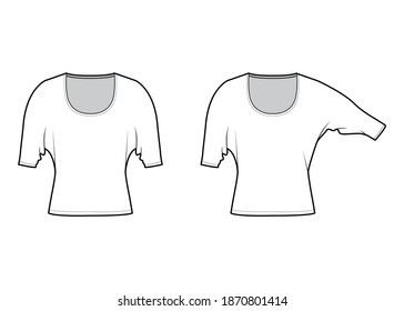 Set of Tops with elbow dolman sleeves technical fashion illustration with relax fit, under waist length, round neckline. Flat apparel blouse template front white color. Women unisex shirt CAD mockup