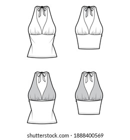 Set of Tops empire seam and tieback halter tank technical fashion illustration with close-fitting shape, crop, tunic length. Flat template front, back, white color. Women men unisex CAD mockup