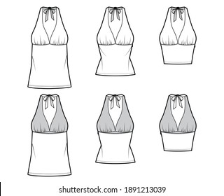 Set of Tops empire seam and tieback halter tank technical fashion illustration with close-fitting, oversized shape, crop, tunic length. Flat template front, back, white color. Women unisex CAD mockup