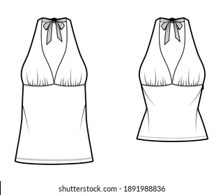 Set of Tops empire seam and tieback halter tank technical fashion illustration with close-fitting, oversized shape, tunic length. Flat template front, white color. Women men unisex CAD mockup