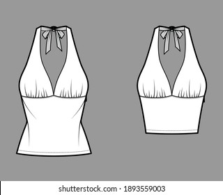 Set of Tops empire seam and tieback halter tank technical fashion illustration with close-fitting shape, crop, tunic length. Flat template front, white color. Women men unisex CAD mockup