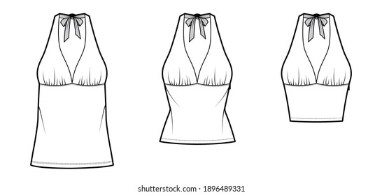 Set of Tops empire seam and tieback halter tank technical fashion illustration with close-fitting, oversized shape, crop, tunic length. Flat template front, white color. Women unisex CAD mockup