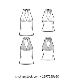 Set of Tops empire seam and tieback halter tank technical fashion illustration with close-fitting, oversized shape, tunic length. Flat template front, back, white color. Women men unisex CAD mockup