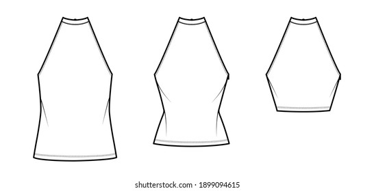 Set of Tops high neck halter tanks technical fashion illustration with bow, slim, oversized fit, waist, crop length. Flat outwear apparel template front, white color. Women men CAD mockup