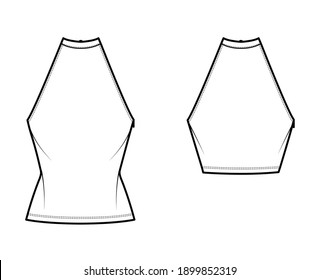 Set of Tops high neck halter tanks technical fashion illustration with bow, slim fit, waist, crop length. Flat outwear apparel template front, white color. Women men unisex CAD mockup