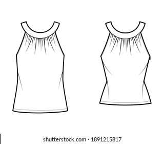 Set of Tops rounded neck band tank technical fashion illustration with ruching, fitted and oversized body, tunic length, button keyhole. Flat shirt template front white color. Women, unisex CAD mockup