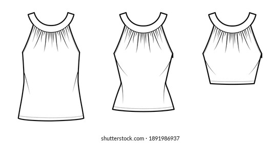 Set of Tops rounded neck band tank technical fashion illustration with ruching, fitted oversized body, tunic and waist length hem, button keyhole. Flat template front white color. Women men CAD mockup