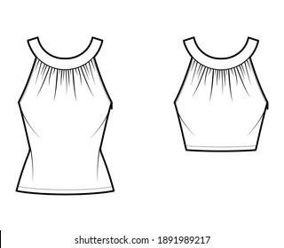Set of Tops rounded neck band tank technical fashion illustration with ruching, fitted body, tunic and waist length hem, button keyhole. Flat template front white color. Women, men unisex CAD mockup