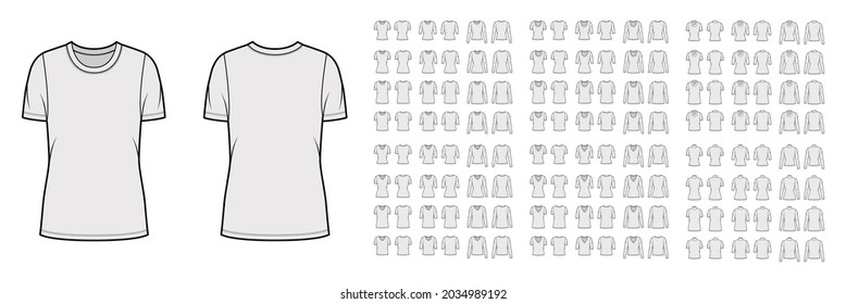 Set of tops - shirts, tanks, blouses technical fashion illustration with fitted oversized, scoop neck, short elbow long sleeves. Flat apparel template front, back, grey color. Women, men CAD mockup