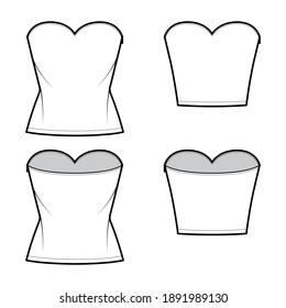 Set of Tops strapless sweetheart neckline technical fashion illustration with slim fit, crop, tunic length. Flat apparel shirt outwear template front, back, white color. Women men unisex CAD mockup