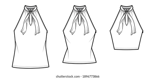 Set of Tops V-neck halter tank technical fashion illustration with tie, wrap, slim, oversized fit, bow, crop, tunic length. Flat outwear template front, white color. Women men unisex CAD mockup