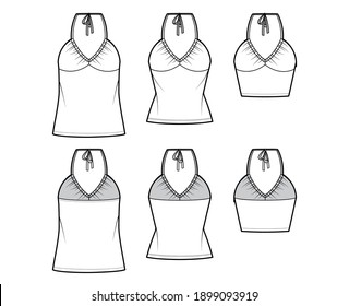 Set of Tops V-neck halter tanks technical fashion illustration with empire seam, thin tieback, slim, oversized fit, bow, crop, tunic length. Flat template front back white color. Women men CAD mockup