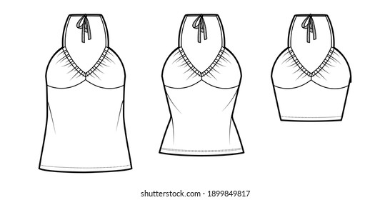 Set of Tops V-neck halter tanks technical fashion illustration with empire seam, thin tieback, slim, oversized fit, bow, crop, tunic length. Flat template front white color. Women men CAD mockup