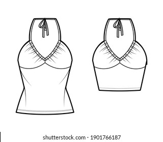 Set of Tops V-neck halter tanks technical fashion illustration with empire seam, thin tieback, slim fit, bow, crop, tunic length. Flat outwear template front white color. Women men CAD mockup