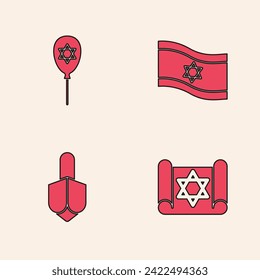 Set Torah scroll, Balloon with star of david, Flag Israel and Hanukkah dreidel icon. Vector