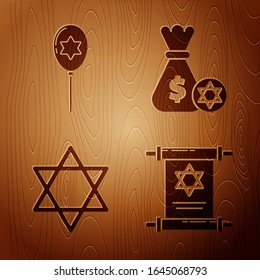 Set Torah scroll, Balloons with ribbon with star of david, Star of David and Jewish money bag with star of david and coin on wooden background. Vector
