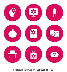 Set Torah scroll, Burning candle, Jewish kippah, Flag of Israel, Orthodox jewish hat, Pomegranate, Firework rocket and  icon. Vector