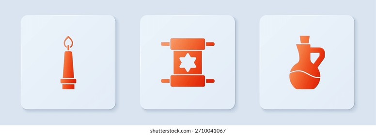 Set Torah scroll, Burning candle and Bottle of olive oil. White square button. Vector