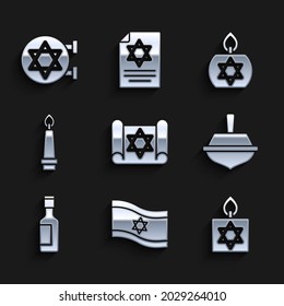 Set Torah scroll, Flag of Israel, Burning candle, Hanukkah dreidel, Jewish wine bottle,  and synagogue icon. Vector
