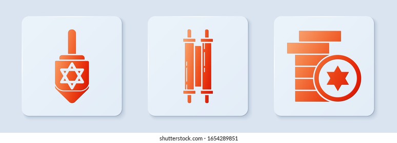 Set Torah scroll, Hanukkah dreidel and Jewish coin. White square button. Vector