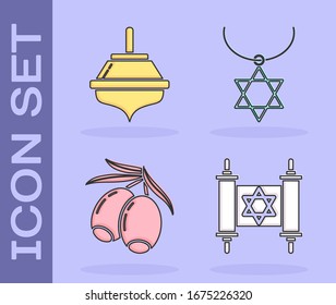 Sitúe el pergamino Torah, Hanukkah dreidel, la rama Olives y el collar Star of David en el icono de la cadena. Vector