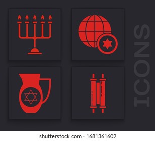 Set Torah scroll, Hanukkah menorah, World Globe and Israel and Decanter with star of david icon. Vector