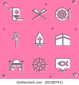 Set Torah scroll, Holy book of Koran, Dharma wheel, Cross ankh, Church bell, Kaaba mosque, Muslim Mosque and  icon. Vector