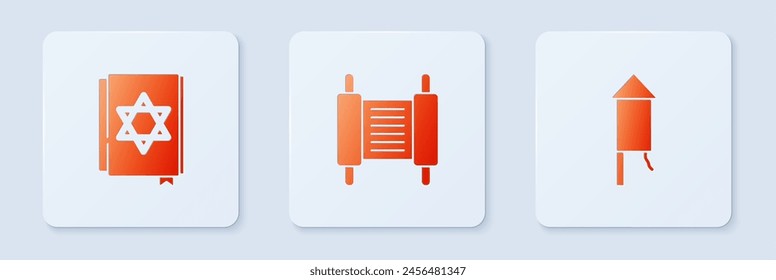 Set Torah scroll, Jewish torah book and Firework rocket. White square button. Vector