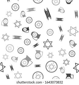Set Torah scroll, Jewish coin, Star of David and Decanter with star of david on seamless pattern. Vector