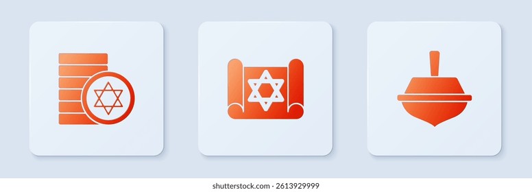 Set Torah scroll, Jewish coin and Hanukkah dreidel. White square button. Vector