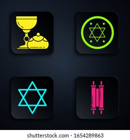 Set Torah scroll, Jewish goblet and hanukkah sufganiyot, Star of David and Jewish coin. Black square button. Vector