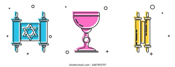 Set Torah scroll, Jewish goblet and Torah scroll icon. Vector