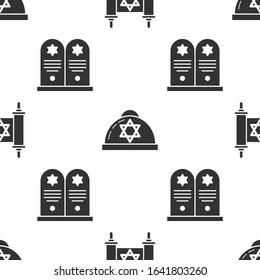Set Torah scroll, Jewish kippah with star of david and Tombstone with star of david on seamless pattern. Vector