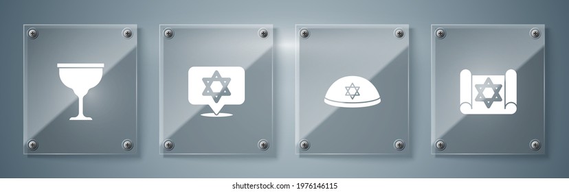Set Torah scroll, Jewish kippah, Star of David and goblet. Square glass panels. Vector