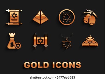 Set Torah scroll, Olives branch, Jewish sweet bakery, Star of David necklace on chain, money bag with star david and coin,  and Egypt pyramids icon. Vector