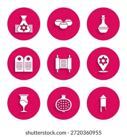 Set Torah scroll, Pomegranate, Firework rocket, Star of David, Jewish goblet, Tombstone with star david, wine bottle and money bag icon. Vector