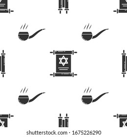 Set Torah scroll, Torah scroll and Smoking pipe with smoke on seamless pattern. Vector