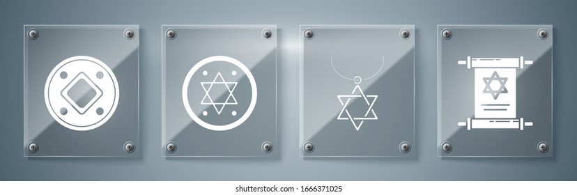 Set Torah scroll, Star of David necklace on chain, Jewish coin and Jewish coin. Square glass panels. Vector