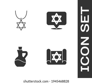 Set Torah scroll, Star of David necklace on chain, Bottle olive oil and  icon. Vector