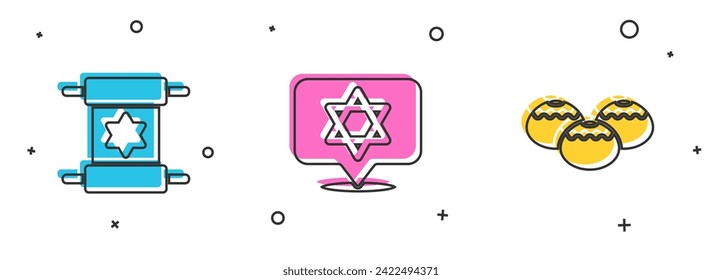 Set Torah scroll, Star of David and Jewish sweet bakery icon. Vector