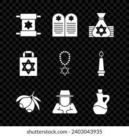 Set Torah scroll, Tombstone with star of david, Jewish money bag, Olives branch, Orthodox jewish hat, Bottle olive oil, Shopping and Star David necklace chain icon. Vector