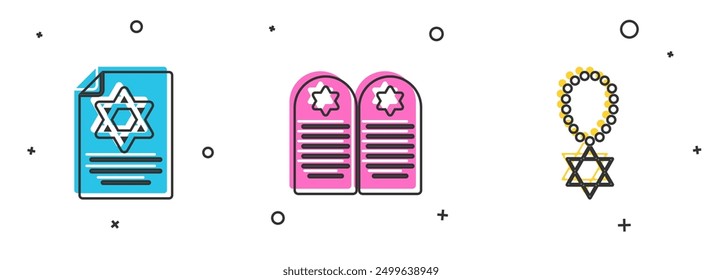 Set Torah scroll, Tombstone with star of david and Star David necklace chain icon. Vector