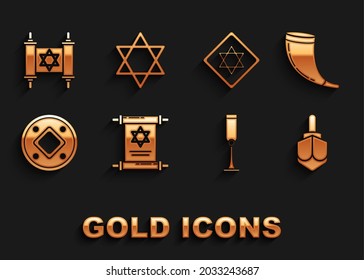 Set Torah scroll, Traditional ram horn, shofar, Hanukkah dreidel, Jewish goblet, coin, Star David,  and  icon. Vector