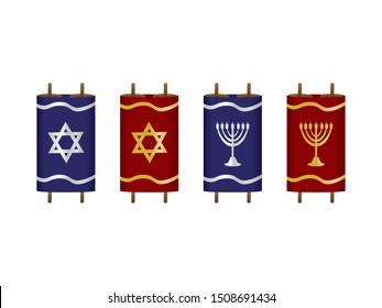 Set of Torah Scroll Vector Illustration with Blue and Red Covers